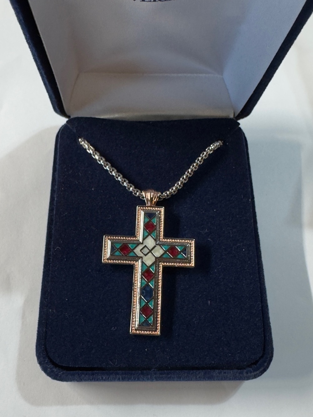 20” length Chain-Montana Silversmiths Multicolor Inlay Cross Pendant Necklace - Picture 3 of 4
